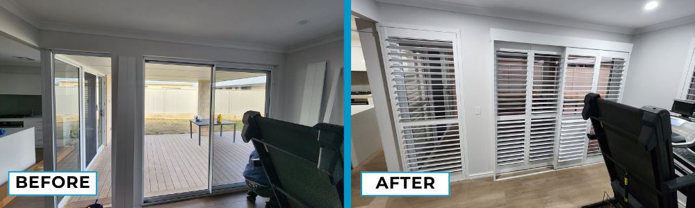 Sliding door Plantation shutters installed in Mindarie home - before and after photo